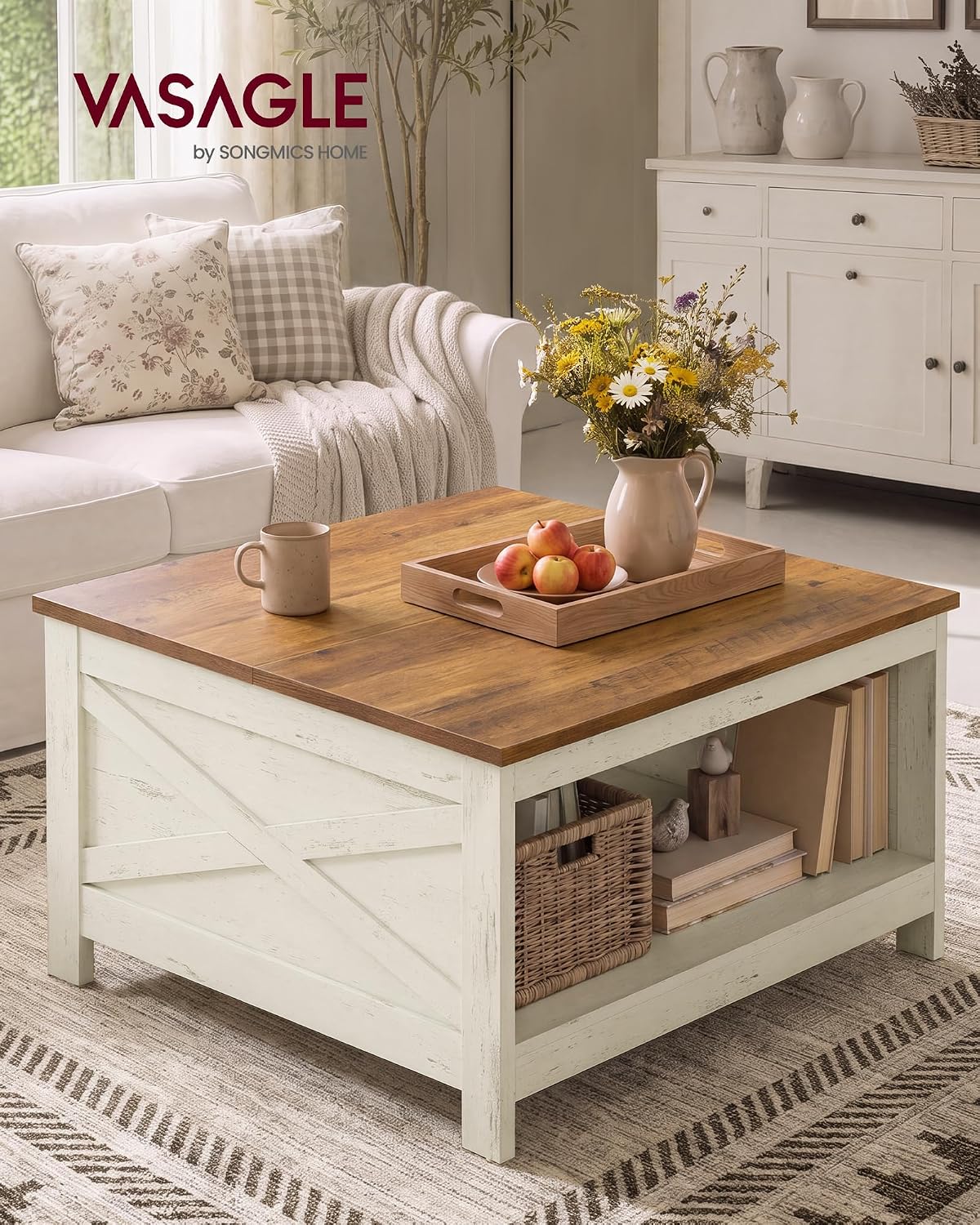 VASAGLE Lift Top Coffee Table, Square Farmhouse Coffee Table with Storage