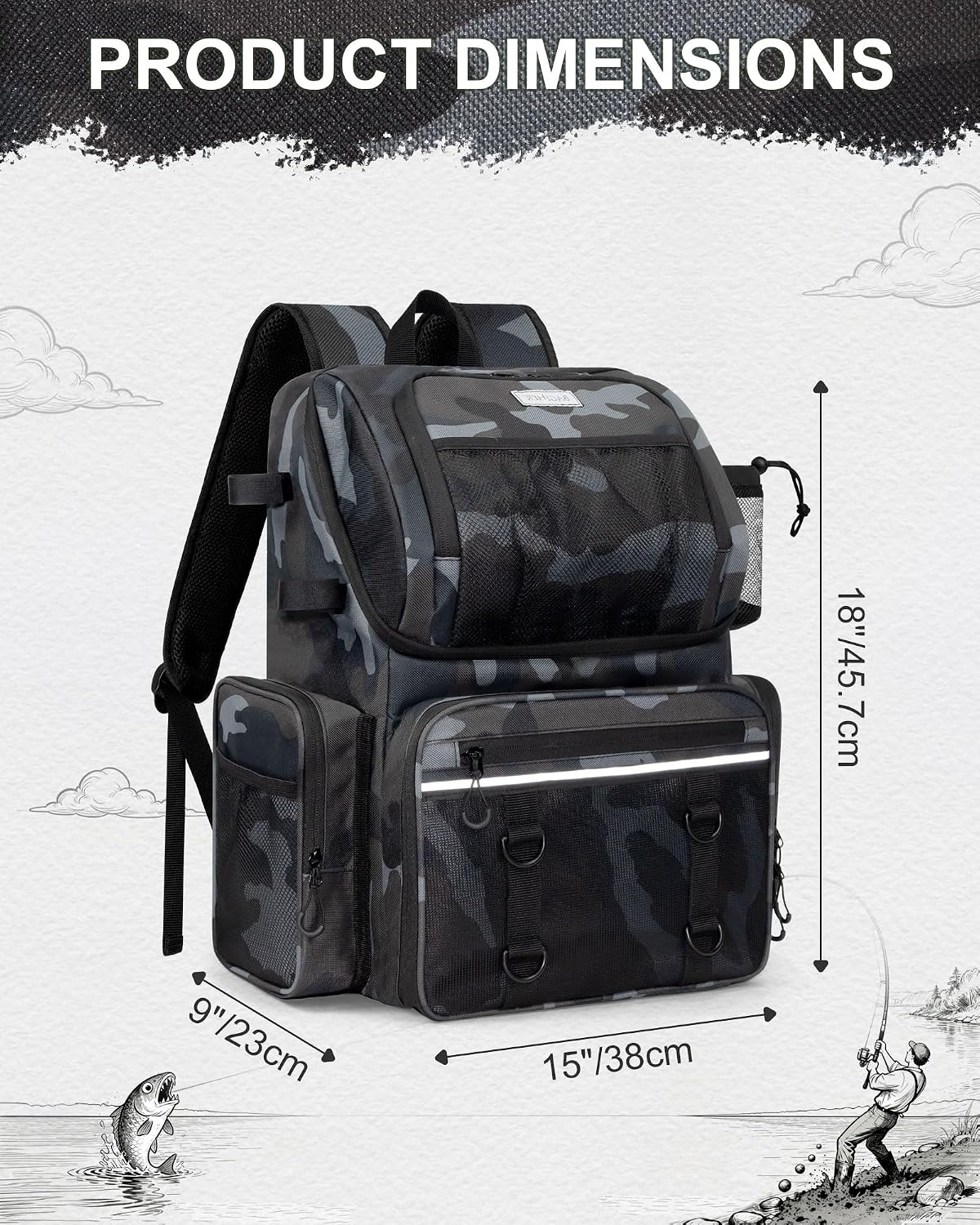 Fishing Backpack, Large Water Resistant Tackle Bag Storage Fishing Gear and Equipment, Built-in Cooler Compartment Khaki