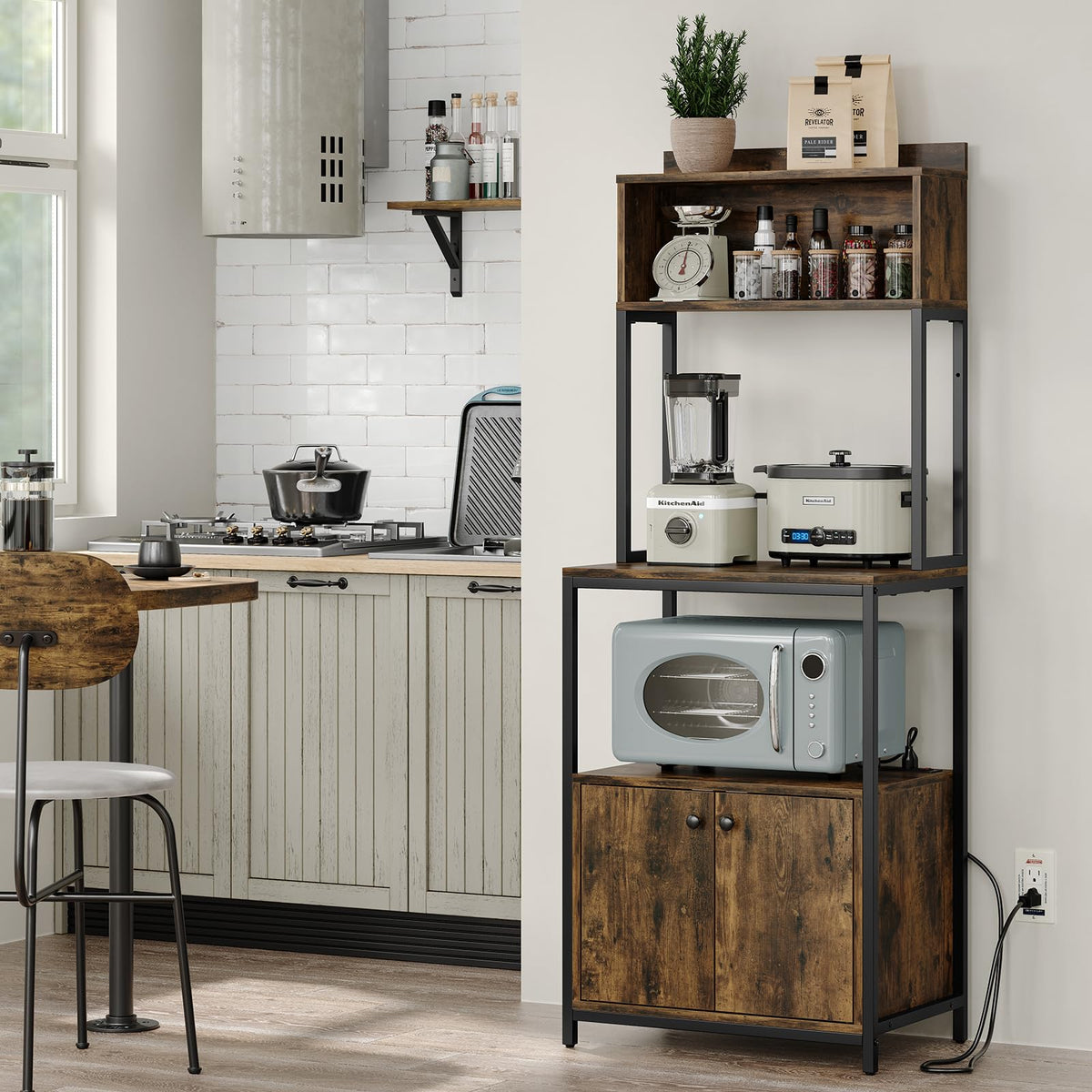 Furniouse Mini Fridge Stand with Storage, Refrigerator Cabinet with Power Outlet - Multifunctional Microwave Stand, Coffee Bar Station for Dorm, Office and Kitchen, Black