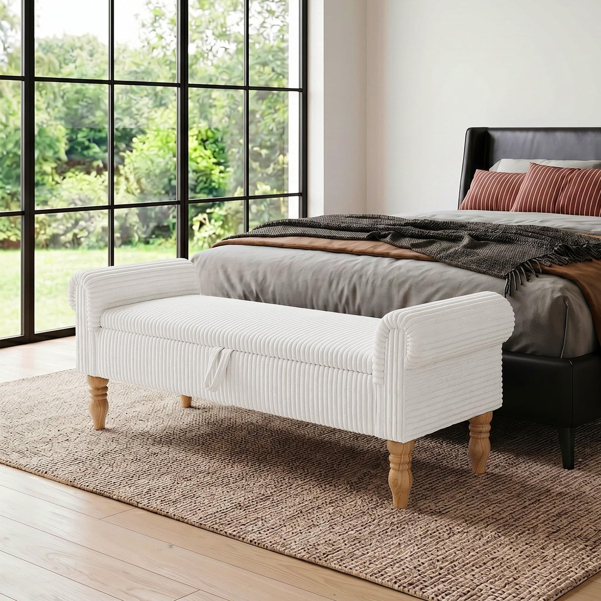 55" Corduroy Storage Ottoman Bench, Queen Bed, Grey