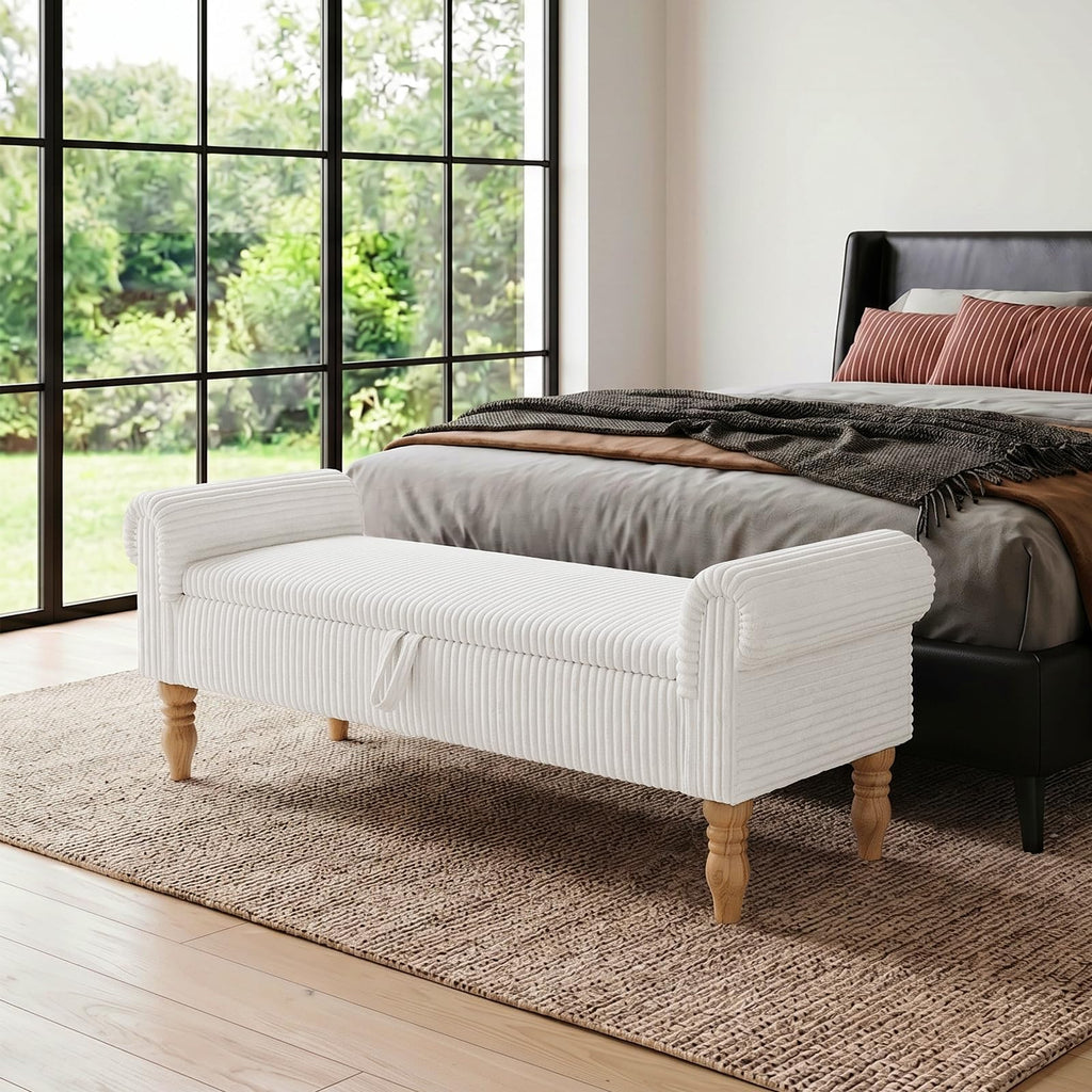 60" Corduroy Storage Bench, Queen End of Bed, Black