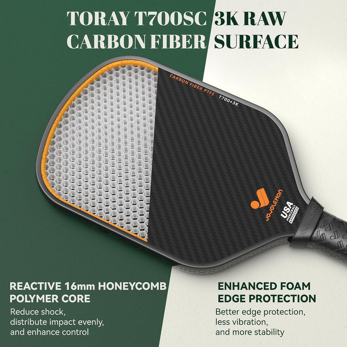 JOJOLEMON Pickleball Paddles, Carbon Fiber Pickleball Paddle with a 16mm Shark Power Polymer Core, The Pickleball Rackets Designed for Ultimate Spin & Consistency