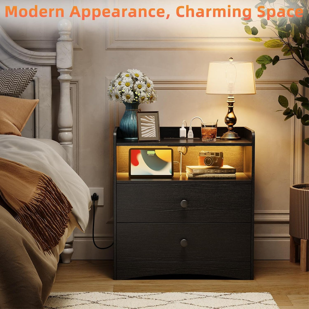 Memobarco Nightstand with Charging Station and LED Light, Black