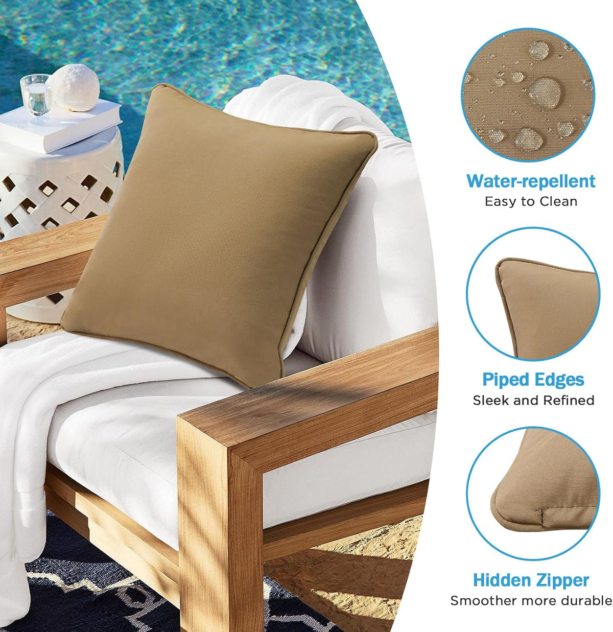 4 Pack Sunbrella Outdoor Water Repellent Throw Pillows 18x18 Inch with Insert, Decorative Square Patio Pillows for Home Garden Couch Balcony, Canvas Camel