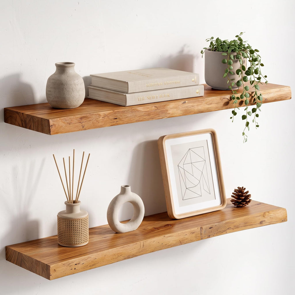 Live Edge Elm Floating Shelves - 24 In Rustic Solid Wood Shelves with Heavy-Duty Invisible Bracket, Wall-Mounted Wooden Shelf for Living Room, Bathroom, Kitchen Storage & Display, Set of 2, Natural