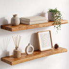 Live Edge Elm Floating Shelves - 24 In Rustic Solid Wood Shelves with Heavy-Duty Invisible Bracket, Wall-Mounted Wooden Shelf for Living Room, Bathroom, Kitchen Storage & Display, Set of 2, Natural