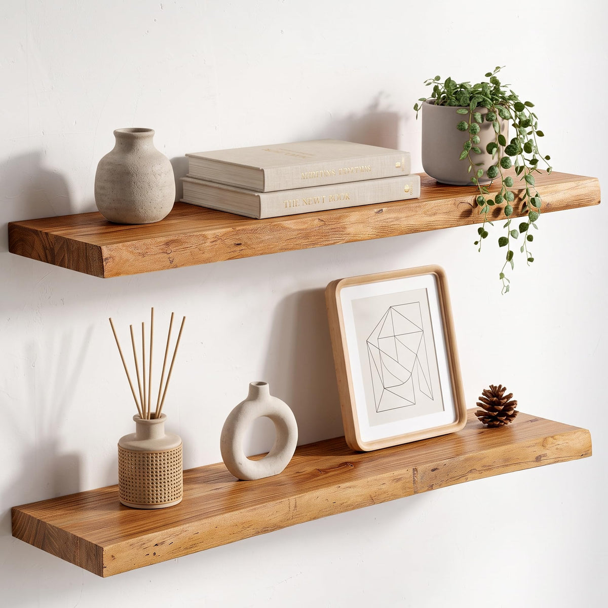 Live Edge Elm Floating Shelves - 24 In Rustic Solid Wood Shelves with Heavy-Duty Invisible Bracket, Wall-Mounted Wooden Shelf for Living Room, Bathroom, Kitchen Storage & Display, Set of 2, Natural
