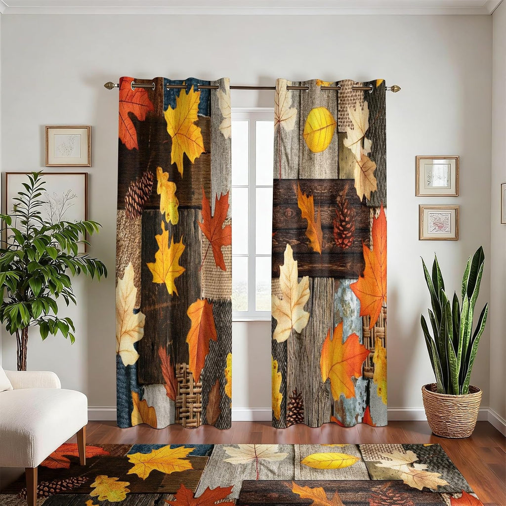 Rustic Fall Leaves Blackout Curtains 84 Inch Long 2 Panels, Autumn Maple Leaf Pinecone Thermal Insulated Grommet Drapes, Wood Burlap Texture Print Energy Saving Noise Reducing Curtains