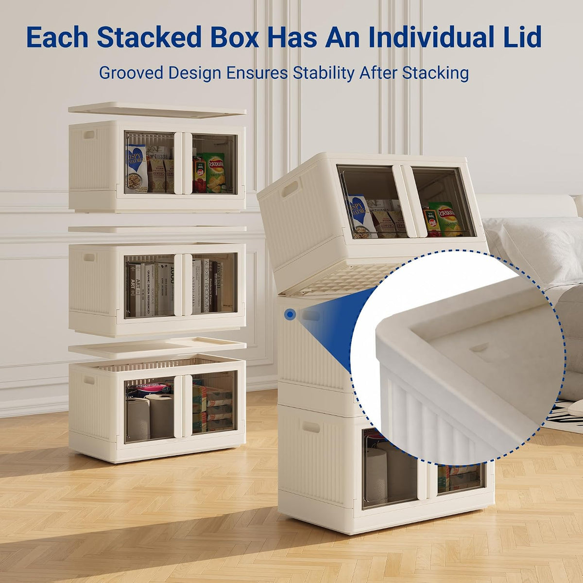 FLEXIMOUNTS 228 QT Stackable Plastic Storage Bins With Lids, Milky White