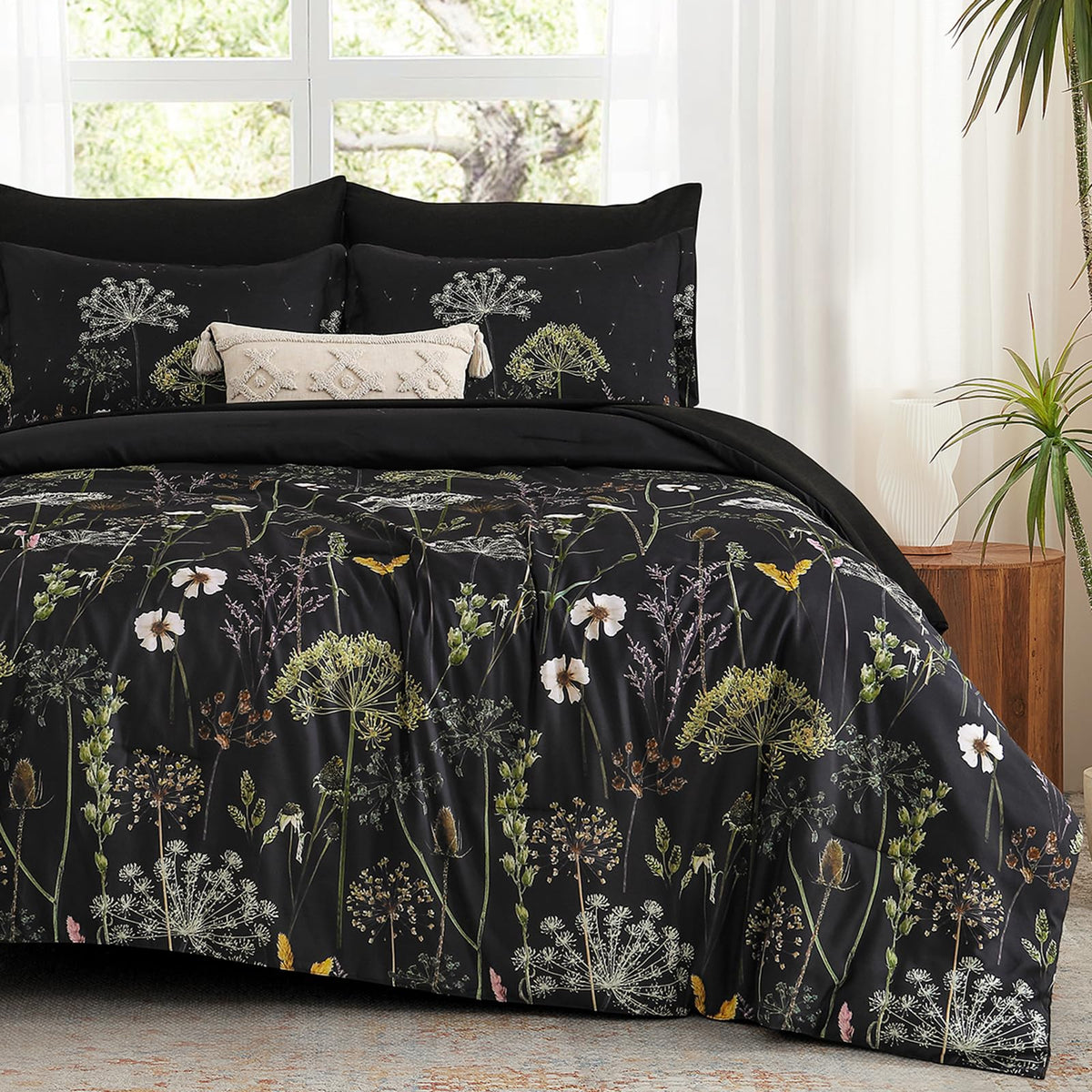 Yiran Black California King Comforter Set, 7 Pieces Floral Bed in a Bag