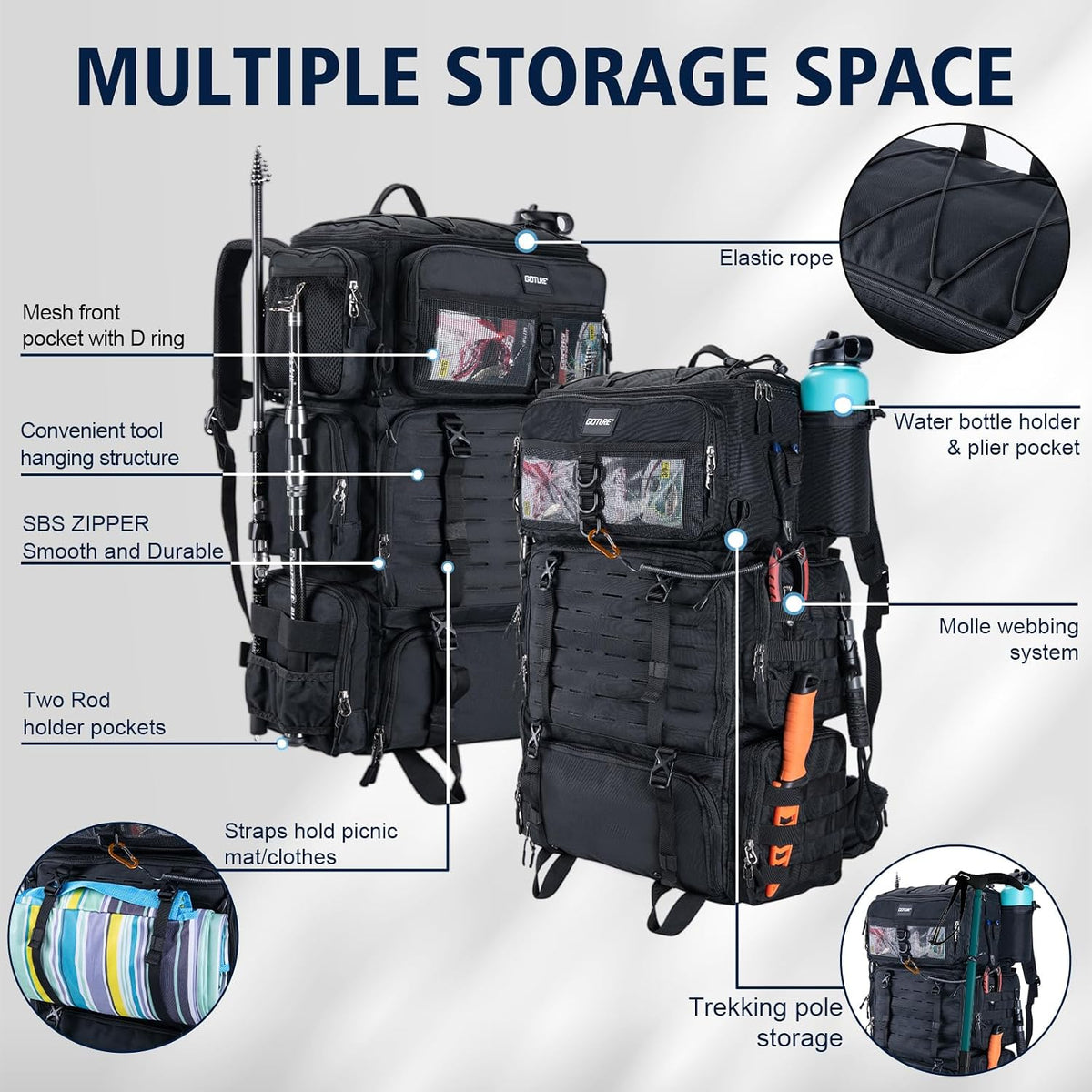 Goture 72L Fishing Tackle Backpack with Cooler & 4 3700 Tackle Boxes