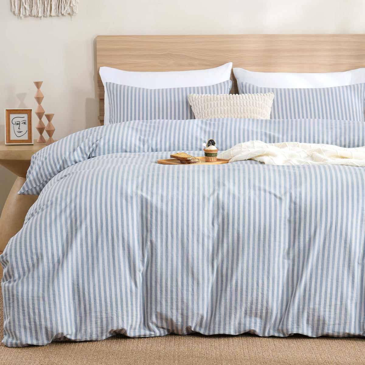 TOCOMOA Tan Gingham Duvet Cover Set Washed Cotton Like Linen, Cal King