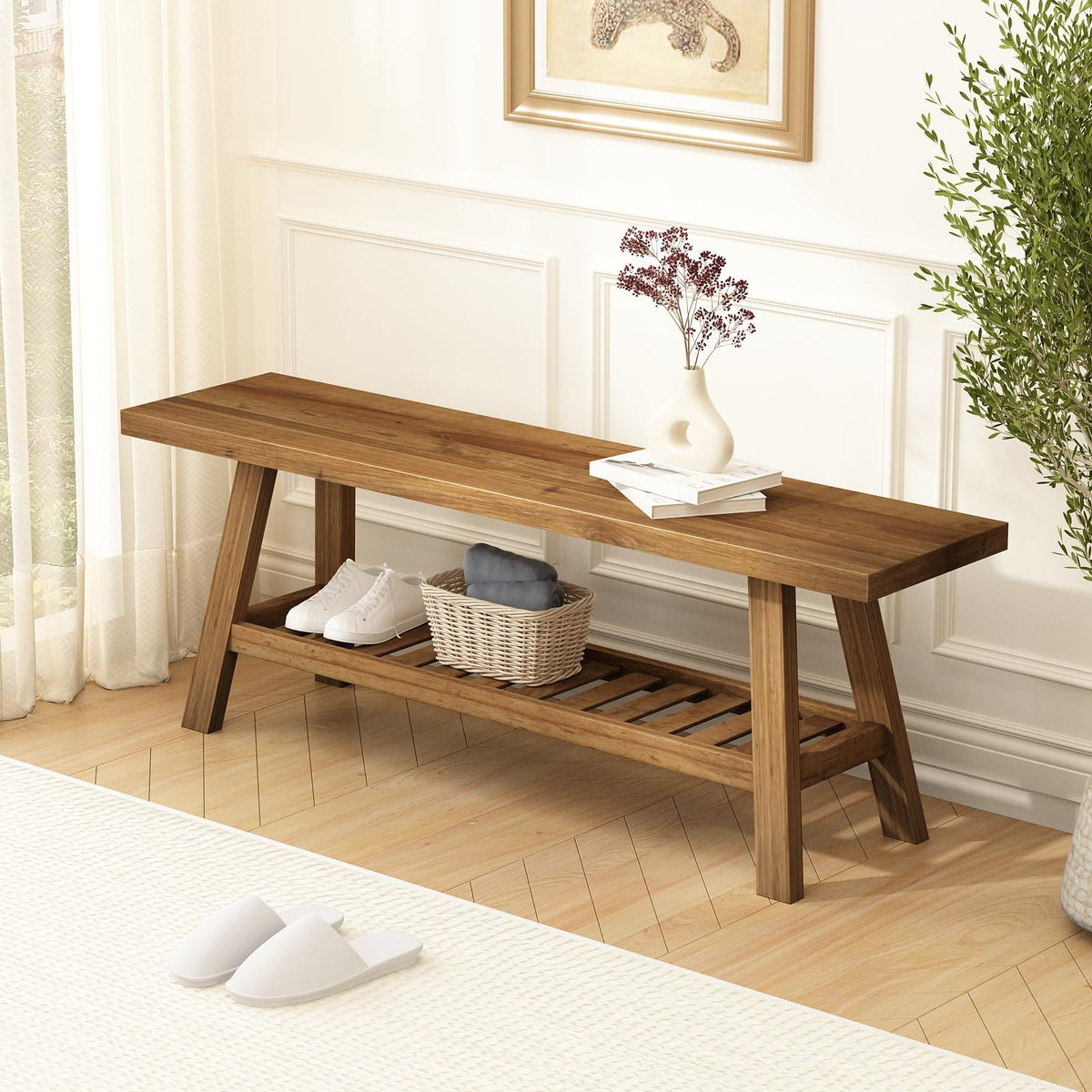 HOKYHOKY Reclaimed Solid Wood Bench-55 Entryway Bench with Storage Shelf