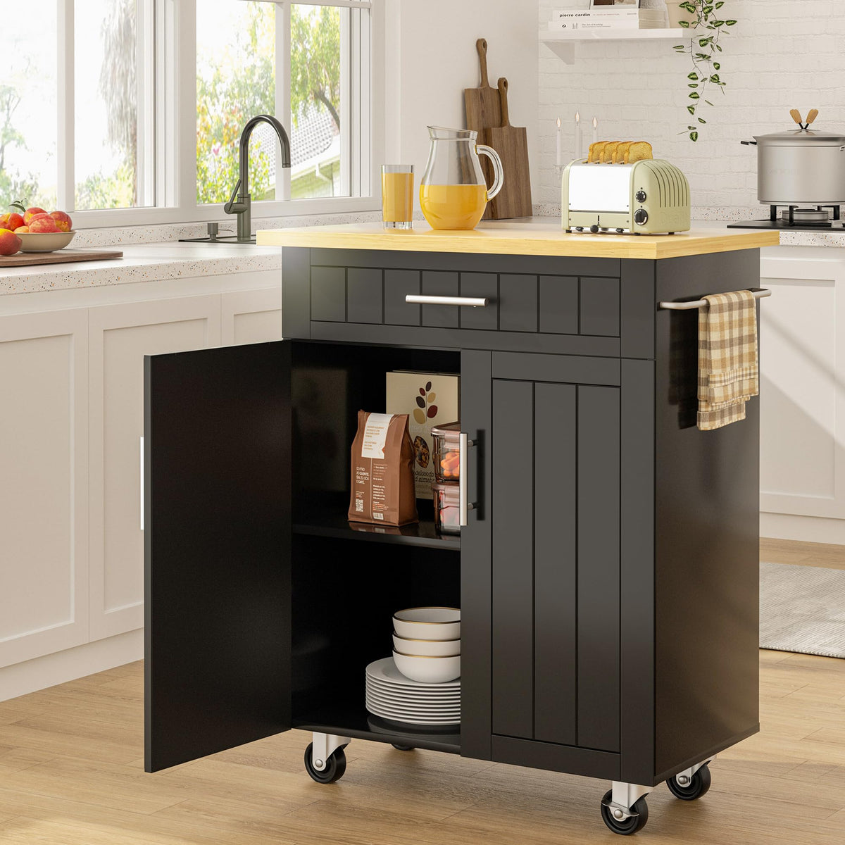 SUNLEI Kitchen Island with Storage, 26" Rolling Microwave Cart with 3 Drawers, Rubberwood Top, Lockable Wheels, Towel Rack & Open Shelves, Portable Kitchen Cart, White
