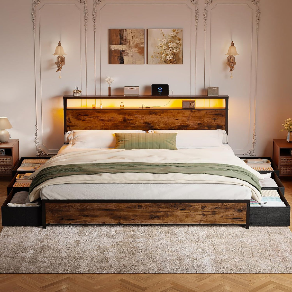 Forestell King Size Bed Frame with 2-Tier Storage Headboard & 6 Drawers