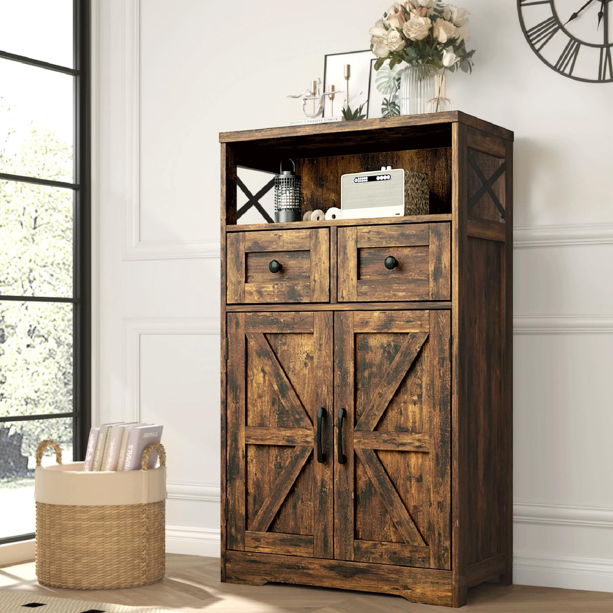 Farmhouse Storage Cabinet with Drawers, Small Kitchen Pantry Cabinet, White