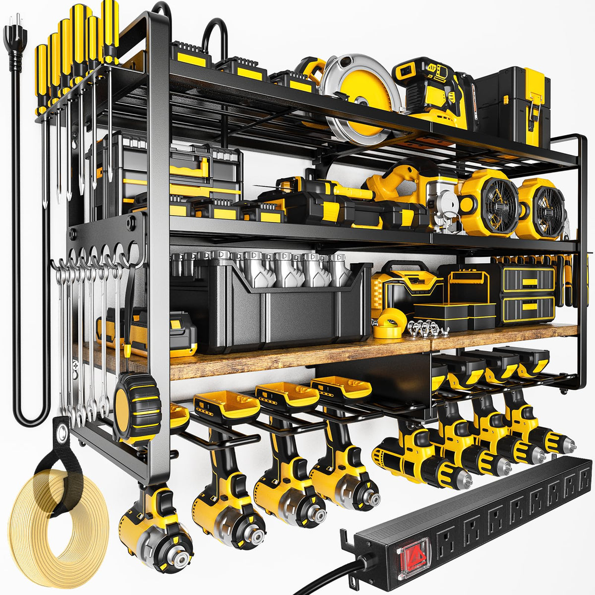 POKIPO Power Tool Organizer Wall Mount with Charging Station, 4 Tier Tool Battery Storage Rack Built in 8 Outlet Power Strip for Garage, 49" W, Black