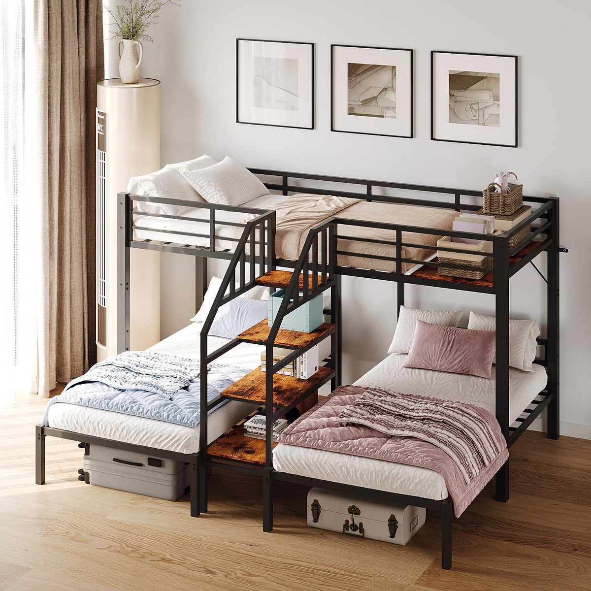 Bonnlo Bunk Bed Twin Over Twin for Kids/Teens/Adults Heavy Duty 2 Decker Bed with Flat Ladder and 13 inches High Guardrail, Metal Space Saver Bed with Stairs, Black