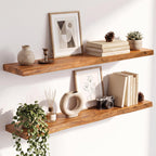 Live Edge Elm Floating Shelves - 24 In Rustic Solid Wood Shelves with Heavy-Duty Invisible Bracket, Wall-Mounted Wooden Shelf for Living Room, Bathroom, Kitchen Storage & Display, Set of 2, Natural