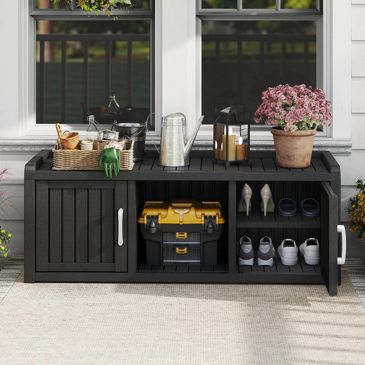2-Tier Storage Bench, Waterproof UV-Resistant Outdoor Shoe Storage Cabinet with 2 Doors & Adjustable Shelves for Indoor Outdoor Entryway, Hallway, Living Room(Black)