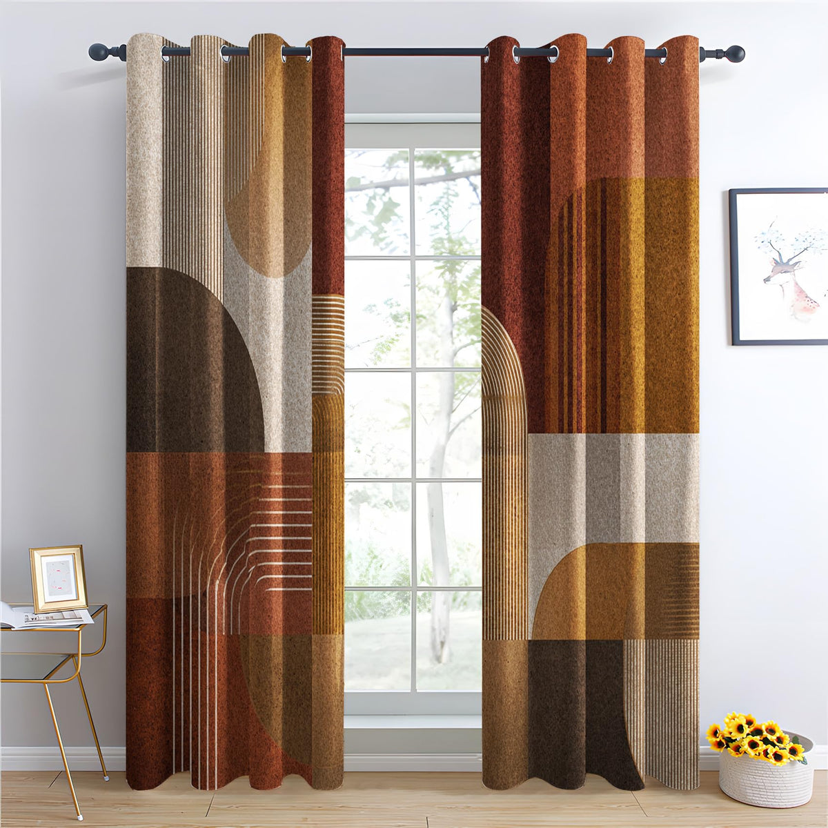 Boho Mid Century Blackout Curtains, Thermal Insulated Room Darkening Grommet Drapes for Bedroom Living Room, Modern Abstract Leaf Geometric Window Treatments, 108 Inch Drapes 2 Panel Set