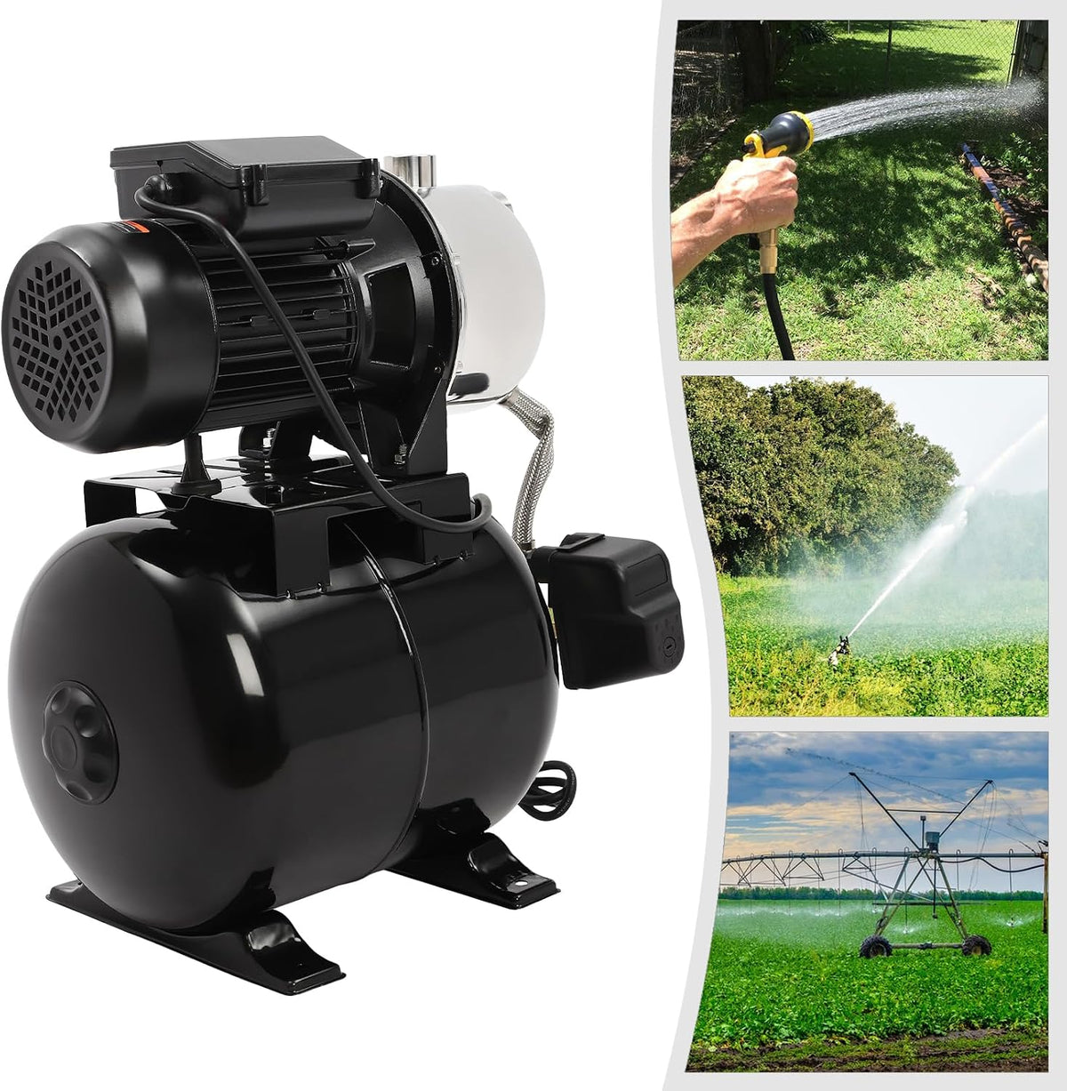 1HP Shallow Well Pump with Pressure Tank, 110V Irrigation Pump Garden Pump Stainless Steel Water Booster Jet Pump for Home Farm Lawn Irrigation Yard (Black)