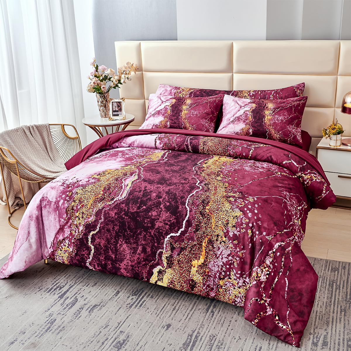 PERFEMET 6 Piece Teal King Size Comforter Set Watercolor Marble Bedding Set