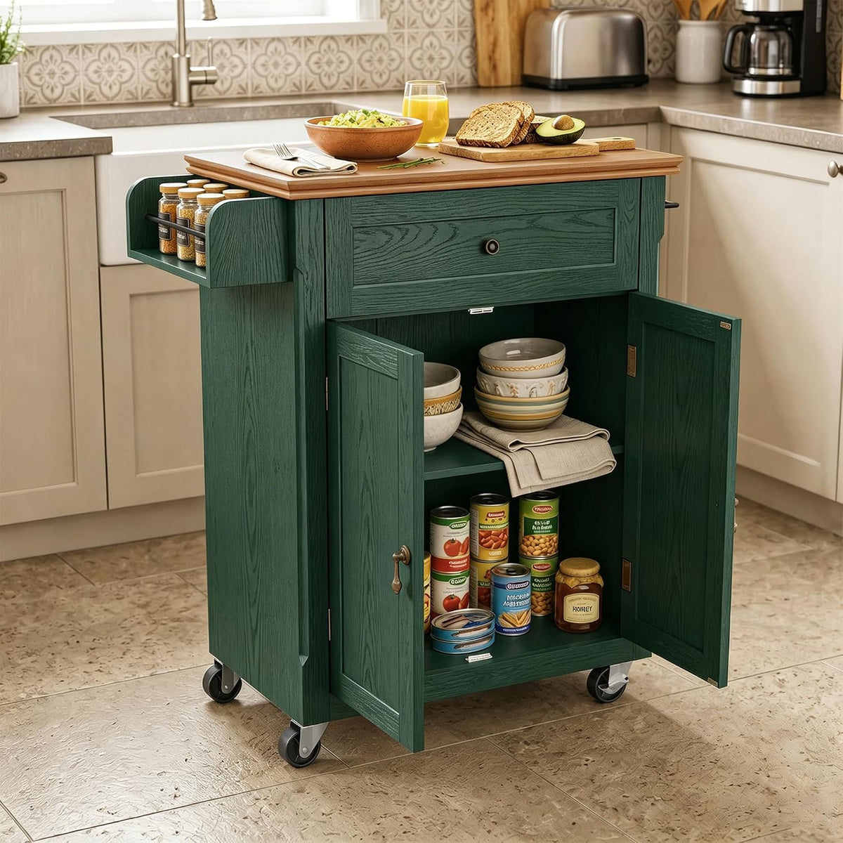 HLR 26'' Small Kitchen Island, Vintage Wood Kitchen Cart on Wheels, Green