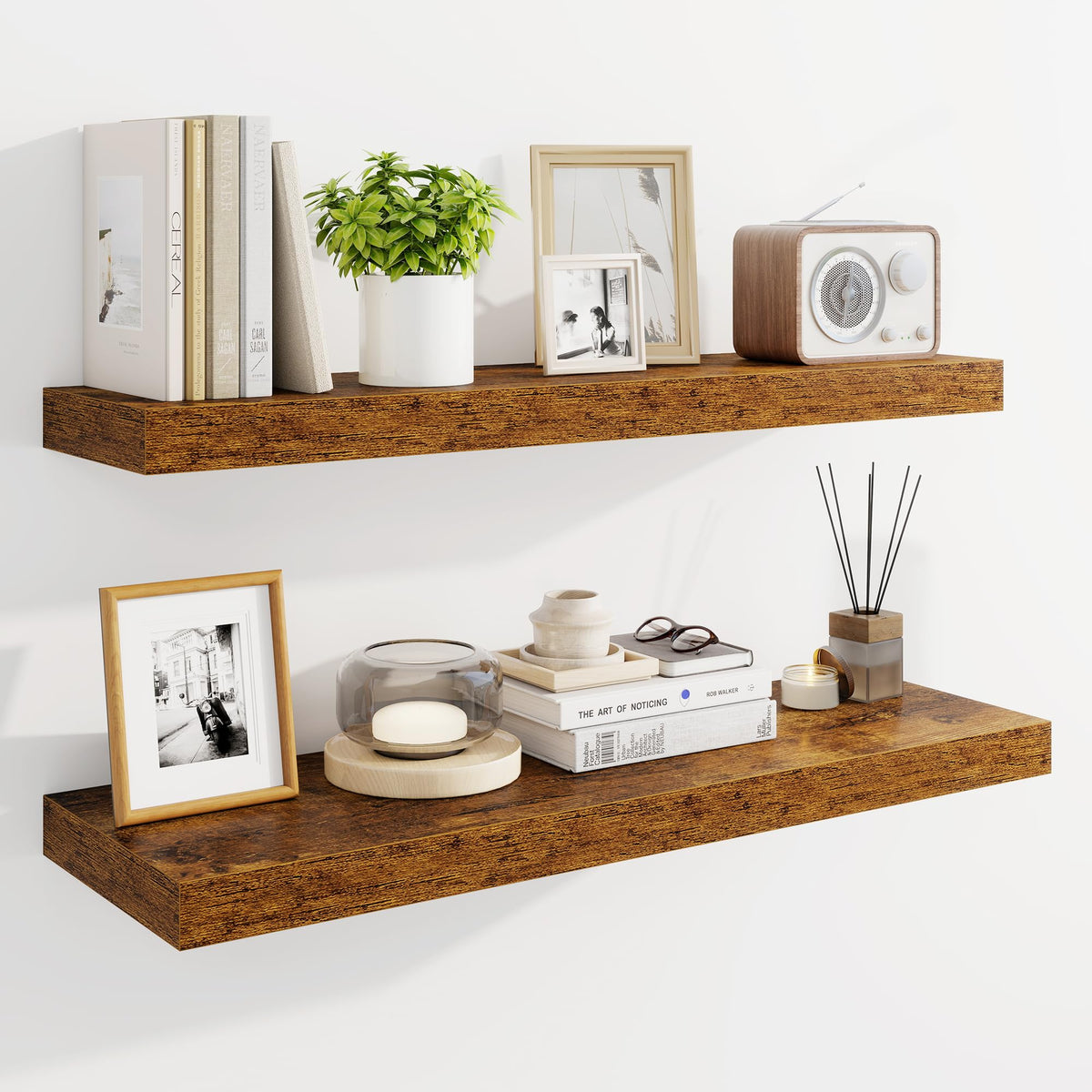 Marsmiles 55" Floating Shelves for Wall, Wooden Shelves with Invisible Brackets Set of 2, Rustic Farmhouse Wall Mounted Shelf for Kitchen Bathroom Living Room Study, White