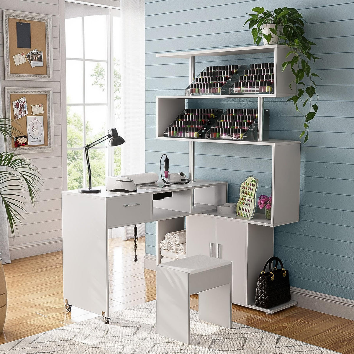 Kikihouse Manicure Table with Dust Collector, L-Shaped Nail Desk with Stool