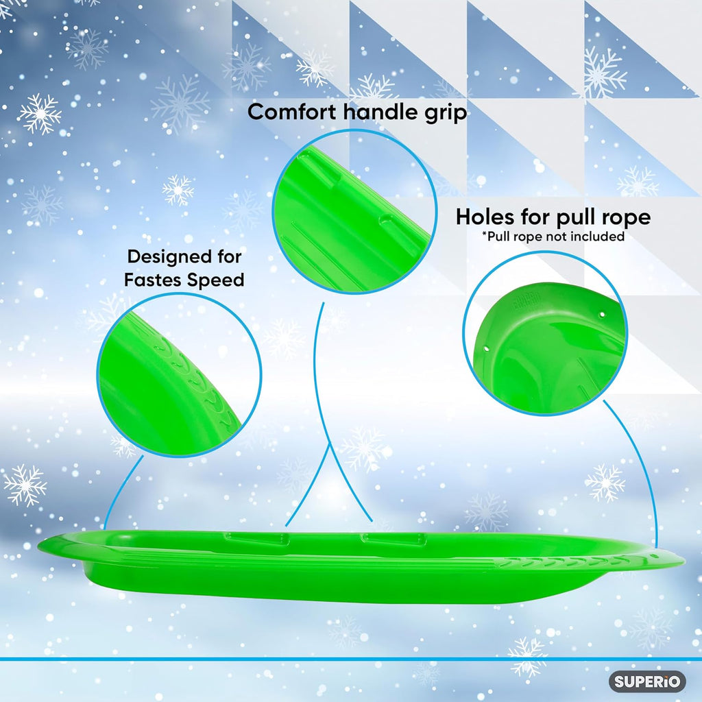 Superio Toboggan Snow Sleds for Kids and Adults, 2 Pack Heavy Duty Plastic Sliders with Handles and Hole for Pull Ropes- Kid and Adult Winter Fun