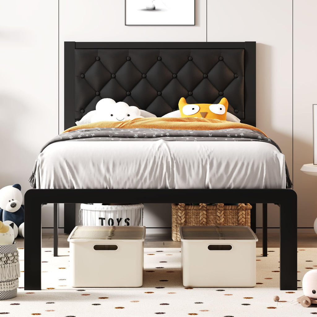 Fluest Queen Bed Frame with Headboard PU Leather Upholstered Bed Frame Platform,All Metal Slats Support Platform Bed Frame with Storage Space,Easy Assembly,Noise Free,No Box Spring Needed,Black