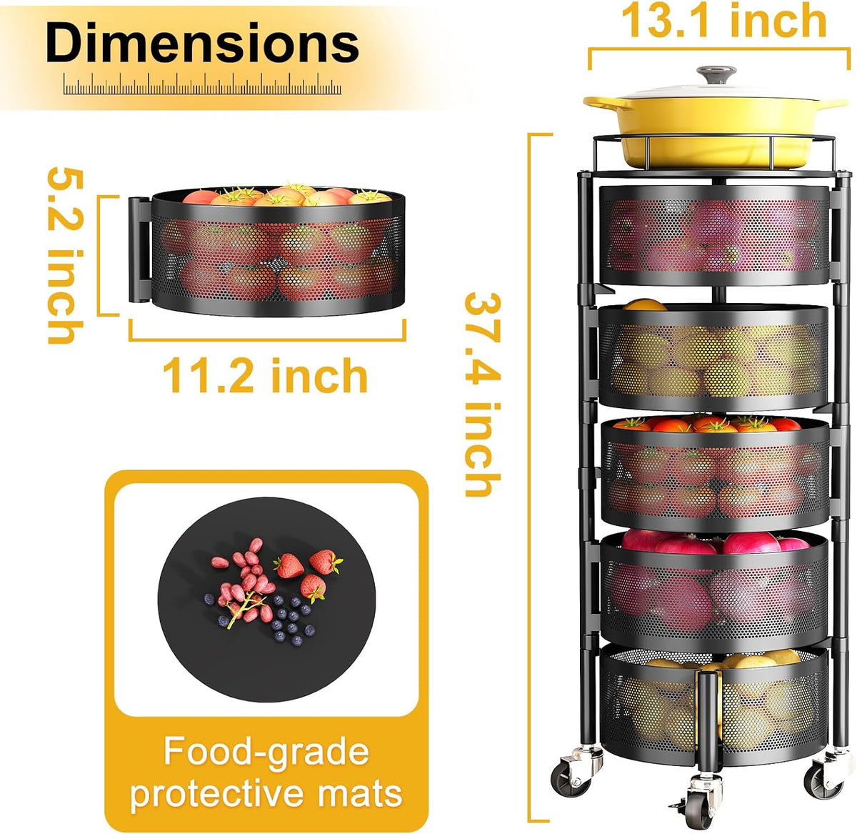 SNTD 5-Tier Fruit and Vegetable Basket Bowls for Kitchen, Rotating, Black