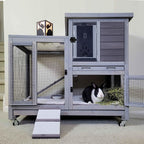 Gutinneen 2-Story Rabbit Hutch Bunny cage with Chew-Proof Ramp, Locking Leak-Proof Trays - Indoor/Outdoor 39.3" Wooden Rabbit Cage with Wheels for Rabbits, Guinea Pigs, Small Animal (Black and White)