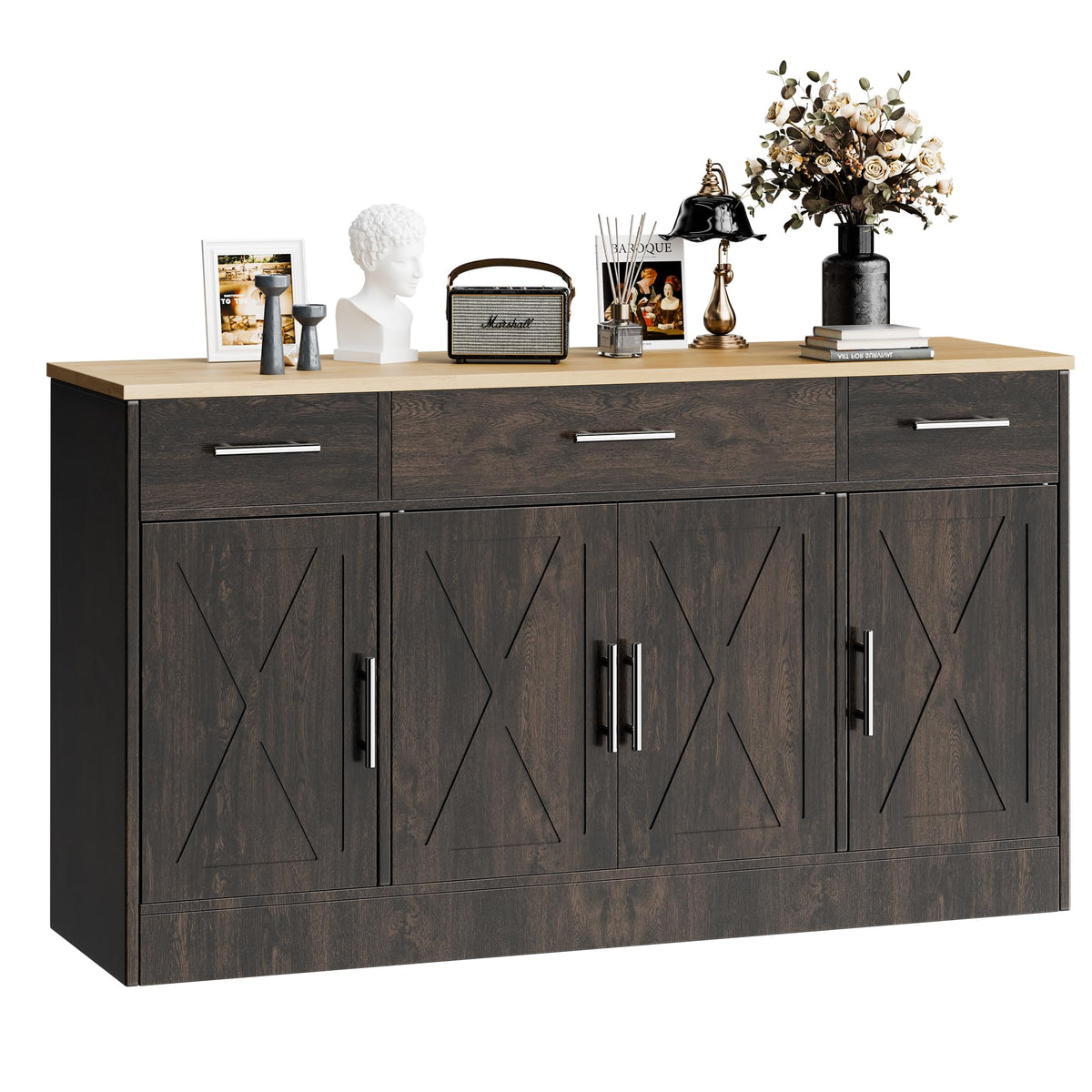 SUNLEI Coffee Bar Cabinet with Storage, Farmhouse Buffet Cabinet with 4 Doors & Adjustable Shelves, Kitchen Sideboard Cabinet for Coffee Station, Dining Room, Living Room & Home, White
