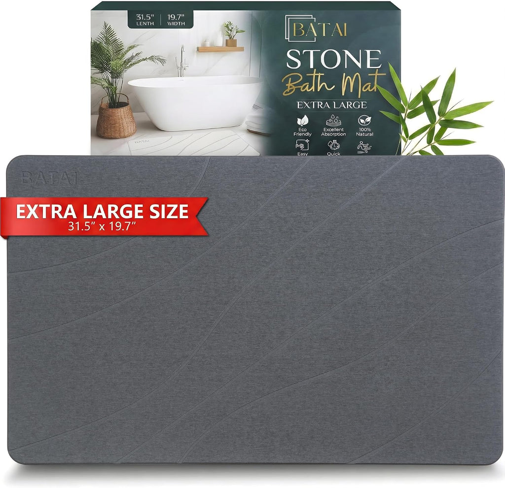 Extra Large Diatomaceous Earth Stone Bath Mat (31.5” x 19.7”) Dark Gray XL