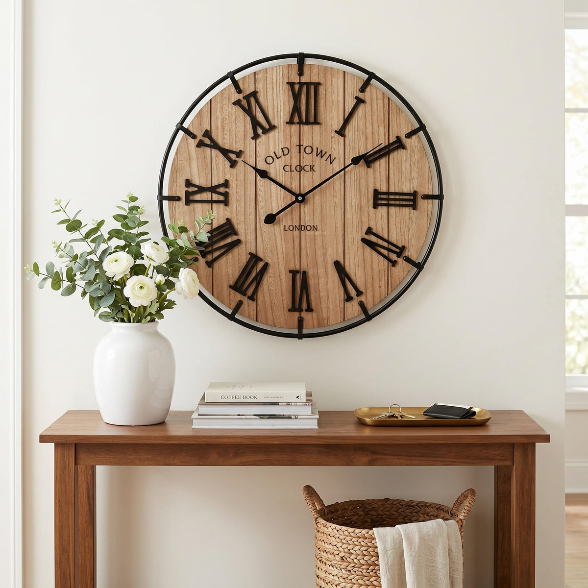 EMAX HOME 30 Inch Extra Large Wall Clock - Farmhouse Rustic Wood & Metal Design Silent Non-Ticking Battery Operated Decorative Oversized Clock for Living Room, Kitchen, Office & Bedroom