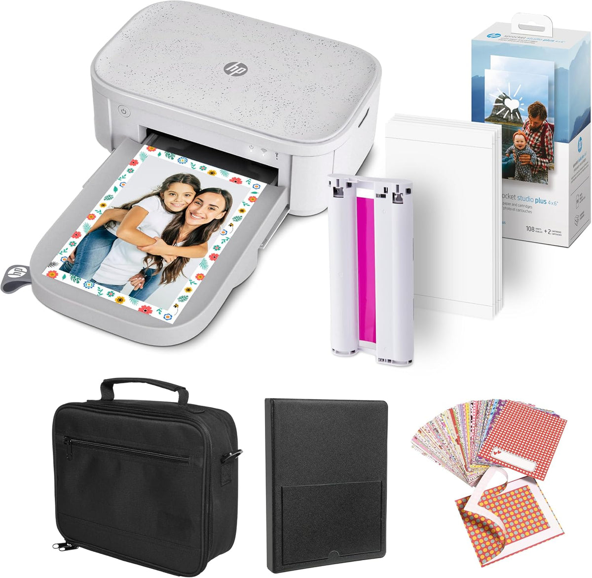 HP Sprocket Studio Plus 4x6 (10.2x15.2 cm) Wireless Instant Photo Printer, Wi-Fi, Premium Dye-Sub, Vibrant Color Pictures, Bundle: Photo Album, Case, Photo Paper and Stickers, White