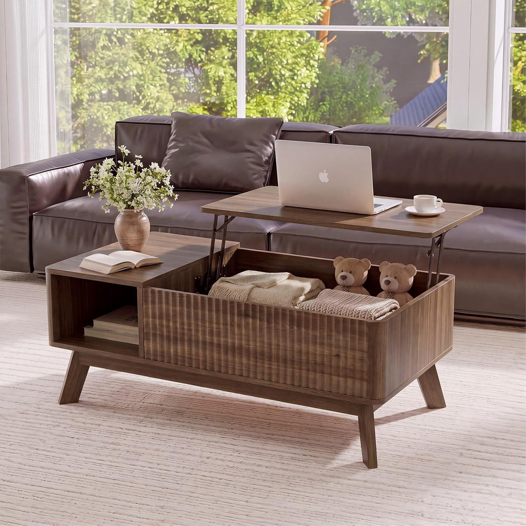 Lift Top Coffee Table, Fluted Hidden Storage Table for Living Room, Walnut