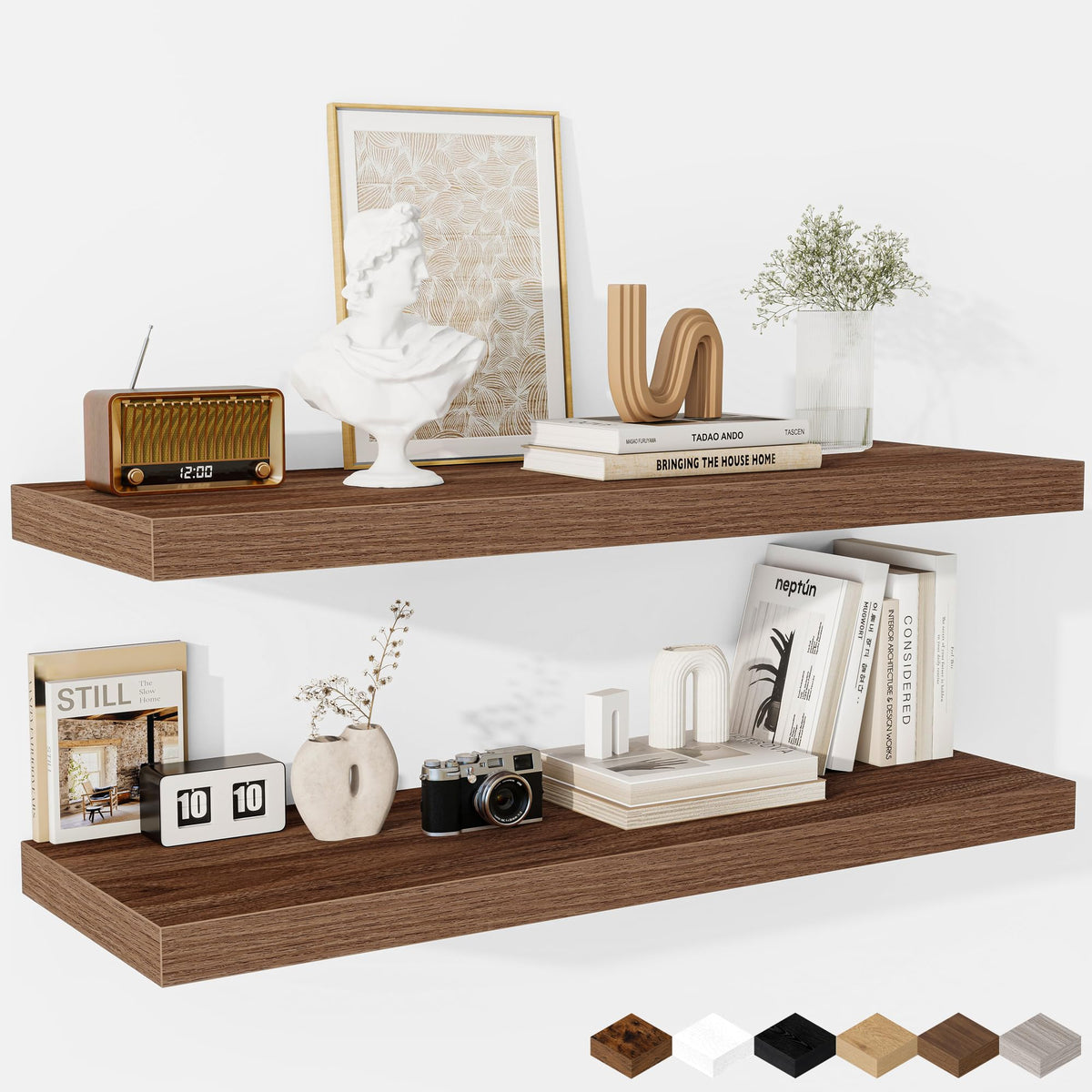 Fun Memories Floating Shelves - 2 Pack 12 Inch Rustic Wooden Wall Shelves - Extra Deeper & Thicker Wall Mounted Storage Shelf for Living Room, Kitchen, Farmhouse - 36" W x 12" D x 1.8" H - Brown