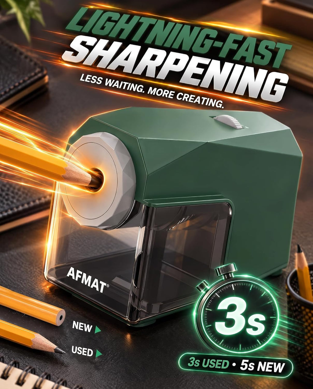 AFMAT PSC4 Electric Pencil Sharpener, Fast & Hands-Free, 10K+ Uses, 5 Nibs, Fully Automatic Pencil Sharpener for Classroom, Heavy Duty Sharpeners for No.2/Jumbo Pencils (φ6.5-10.5mm) US Plug(120V)