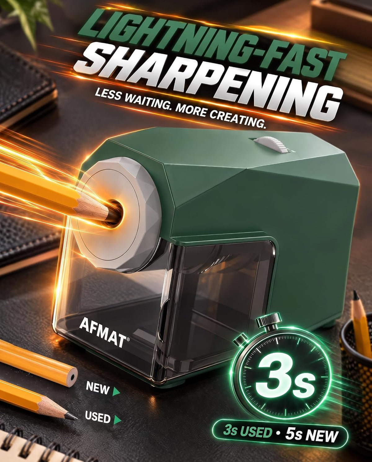 AFMAT PSC4 Electric Pencil Sharpener, Fast & Hands-Free, 10K+ Uses, 5 Nibs, Fully Automatic Pencil Sharpener for Classroom, Heavy Duty Sharpeners for No.2/Jumbo Pencils (φ6.5-10.5mm) US Plug(120V)