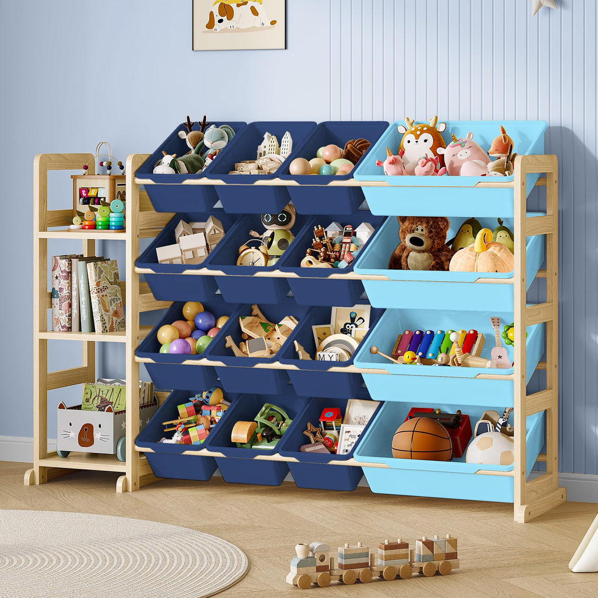 Toy Storage Organizer - Toy Organizers and Storage with Bookshelf, Toy Storage Shelf with 3 Shelves and 12 Storage Bins, Kids Bookshelf and Toy Storage for Kids Room, Playroom, Bedroom, Nursery, White