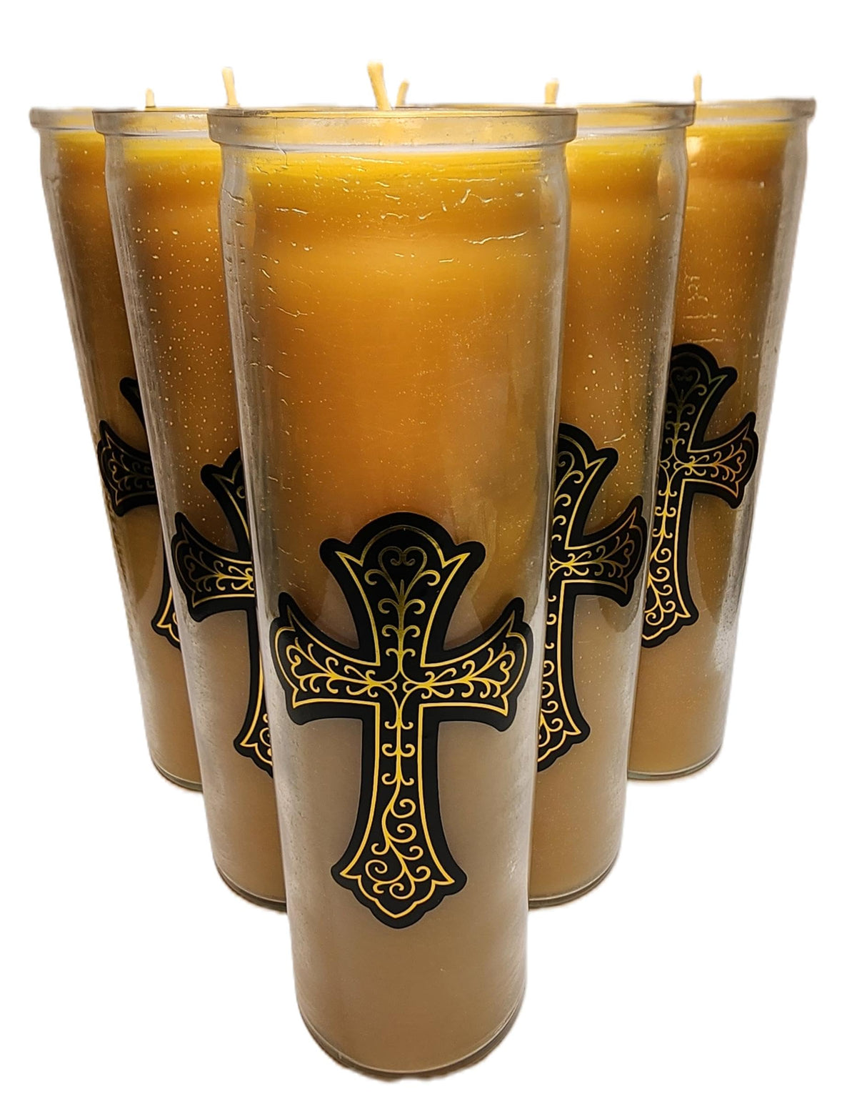Made in USA Beeswax Devotional Prayer Candles with Cross on Glass 100 Hours Burn time. 6 Pack