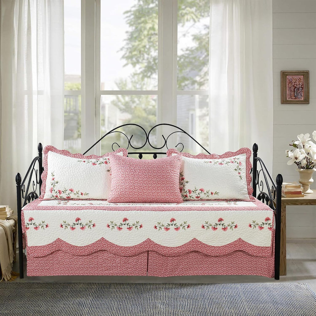 5-Piece Quilted Microfiber Daybed Cover Set with Floral Embroidery, All Season Luxurious Bedding with Matching Shams and Bed Skirt, 75"x39", Pink Flower