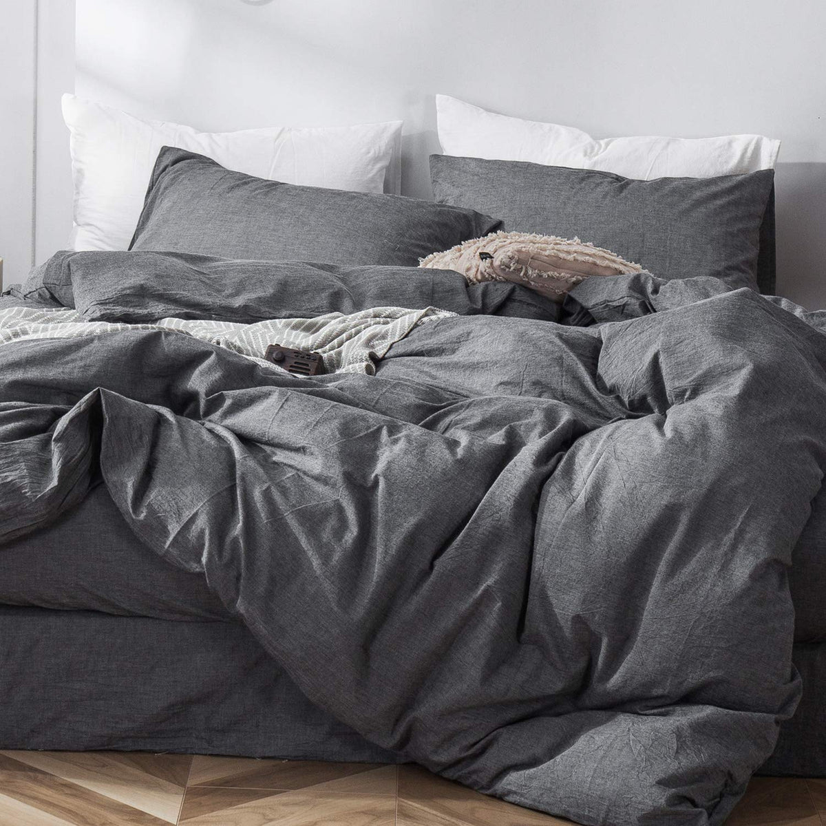 MooMee Duvet Cover Set 100% Washed Cotton Linen Like King