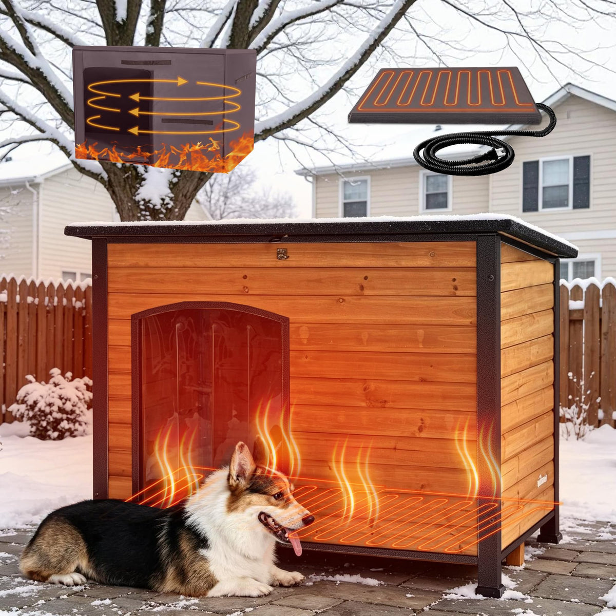 GUTINNEEN Large Outdoor Heated Dog House for Outside with Heating Pad,Brown