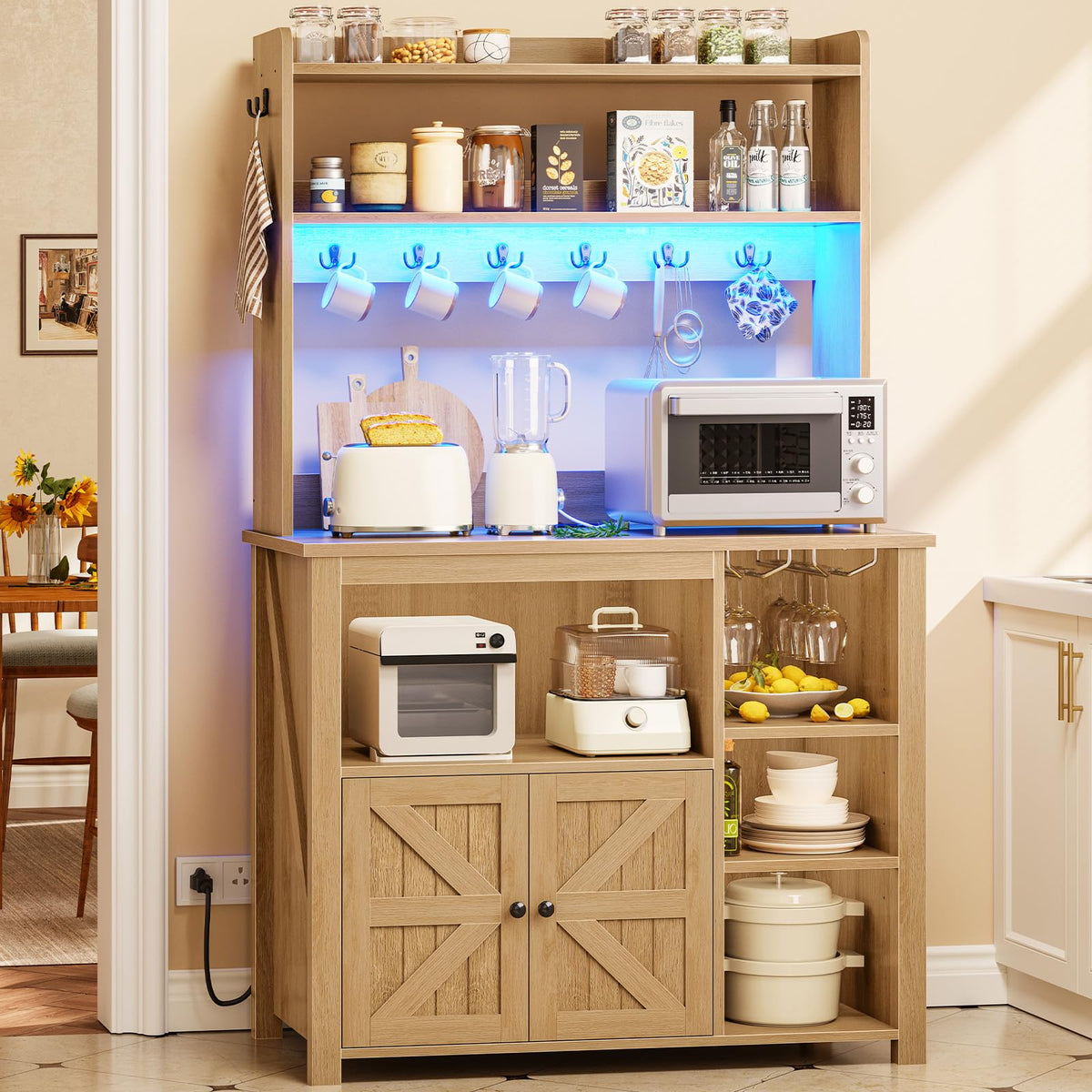 Itaar 35.4 inch Bakers Rack with Power Outlet and Storage, Farmhouse Coffee Bar Cabinet, Microwave Stand Kitchen Cabinet with Hutch, LED Lights, Wine Glass Holder and 8 Hooks，White