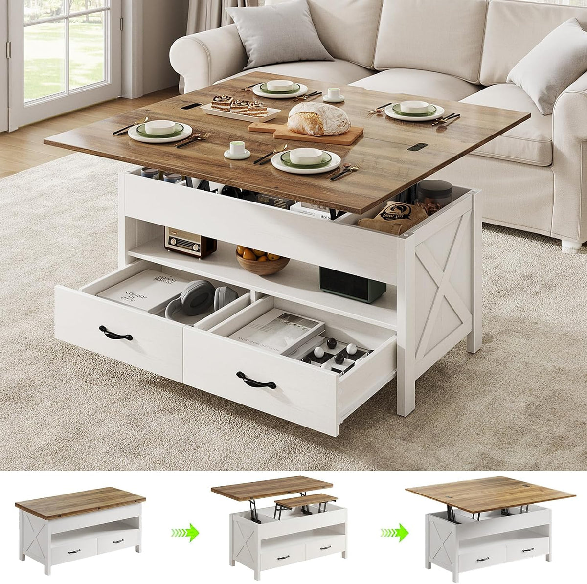 Marsail 40" Lift Top Coffee Table, 4 in 1 Coffee Table with Hidden Compartment, 1 Open Shelf and 2 Drawers, Multifunctional Farmhouse Center Table for Living Room and Home Office, Brown and White