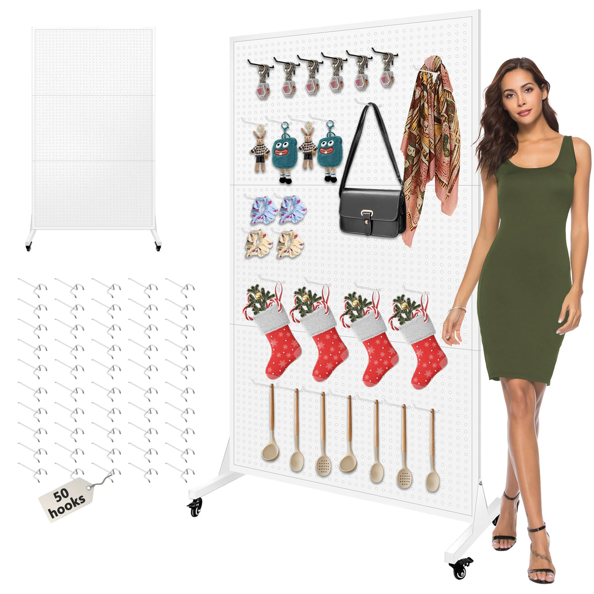 Royxen 3.5 x 6 Feet Metal Pegboard with 50 Hooks, Peg Board Display Stand with Wheels, Large Standing Pegboard Displaywith T-Base Art Display Stand for Retail Stores Exhibitions Homes (Black)